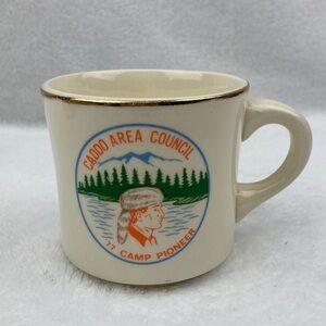 VTG 1977 BSA Caddo Area Council Camp Pioneer Cream Mug with Gold Rim 9 oz.
